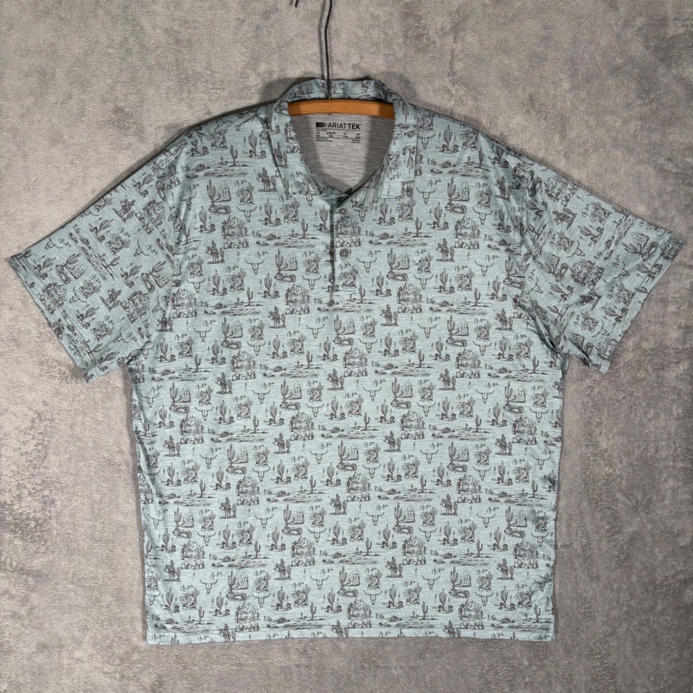 Ariat AriatTEK Mens XXL Sage Green Western Desert Cactus Print Performance Polo